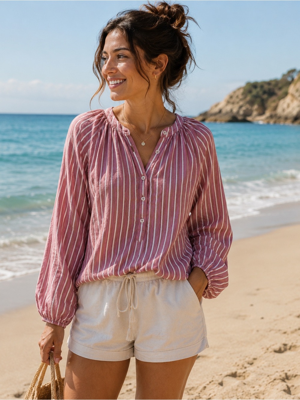 Xirena sz M Striped Button Front Peasant Top in Dusty Rose and White great cond